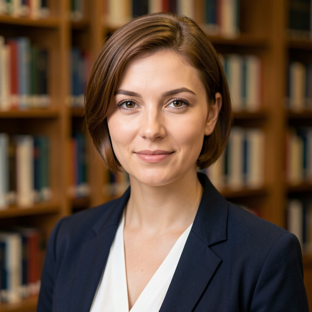 Портрет аутора Тијана Ђурашевић, медијски аналитичар, млада жена са кратком смеђом косом, позадина библиотека